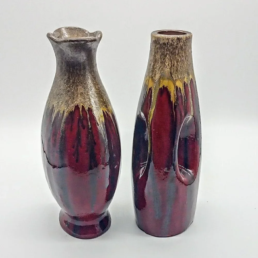 Set of 2 Red Gold Drip Glazed Pottery Vases